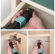 Application de l'embout coudé Wolfcraft avec perceuse et visseuse