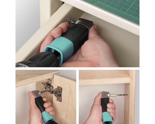 Application de l'embout coudé Wolfcraft avec perceuse et visseuse