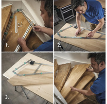 Image en plusieurs parties montrant l'utilisation d'un gabarit d'escalier pour couper des marches en bois sur mesure