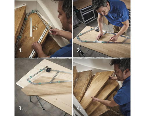 Image en plusieurs parties montrant l'utilisation d'un gabarit d'escalier pour couper des marches en bois sur mesure