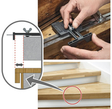 Application d'un gabarit de montage d'angle d'escalier de Wolfcraft sur un escalier en bois