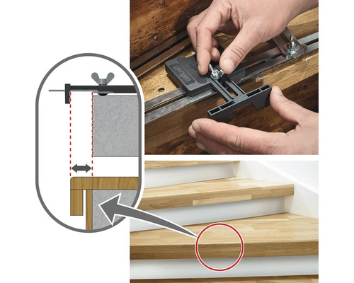 Application d'un gabarit de montage d'angle d'escalier de Wolfcraft sur un escalier en bois
