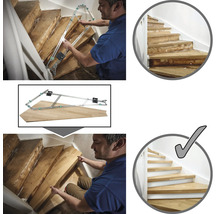 Démonstration de la rénovation d'escalier avec un gabarit et comparaison avant-après.