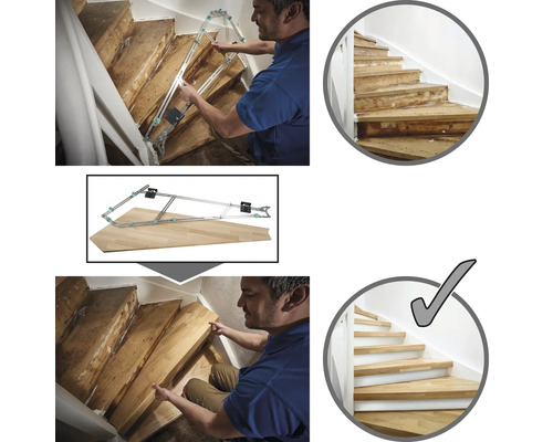 Démonstration de la rénovation d'escalier avec un gabarit et comparaison avant-après.