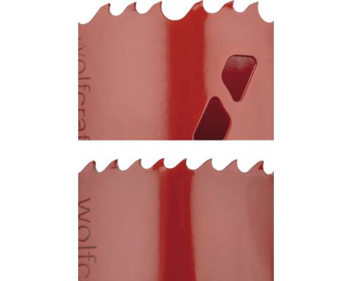 Vue détaillée d'une scie cloche avec un bord dentelé et des découpes.