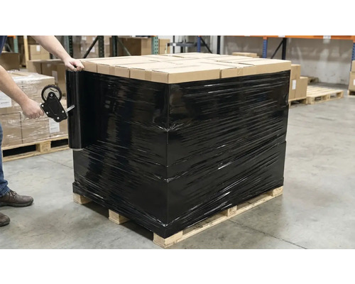 Une palette de cartons, emballée dans un film étirable noir, est sécurisée par une personne à l'aide d'un dérouleur manuel.