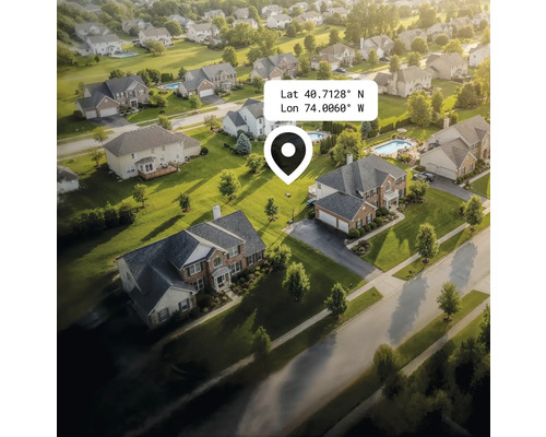 Vue aérienne d'un quartier résidentiel avec maisons, jardins et rues