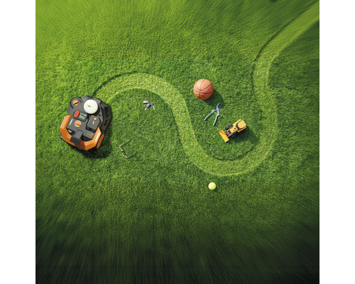 Rasenfläche mit Mähroboter, Basketball, Gartenschere und Spielzeugbagger