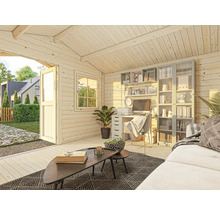 Vue intérieure d'un abri de jardin avec mobilier de bureau et espace de vie