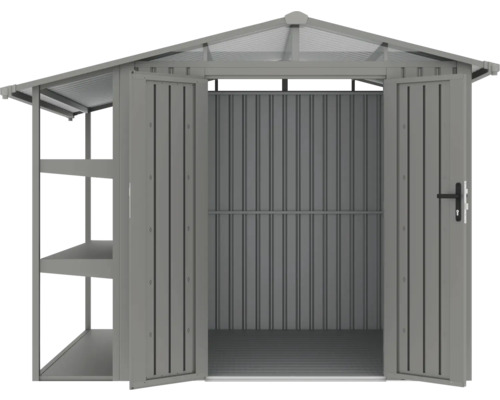Abri de jardin spacieux en métal avec portes ouvertes