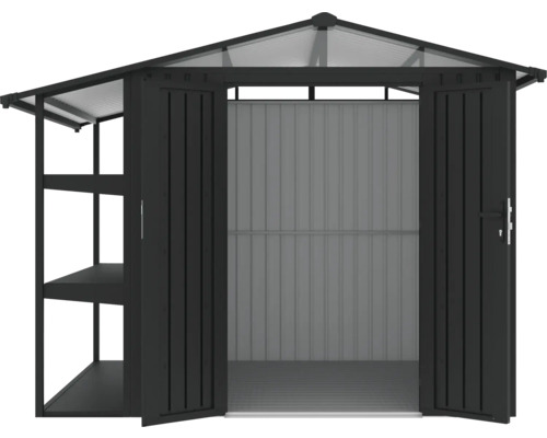 Armoire de jardin en métal avec étagères et double porte pour l'extérieur.
