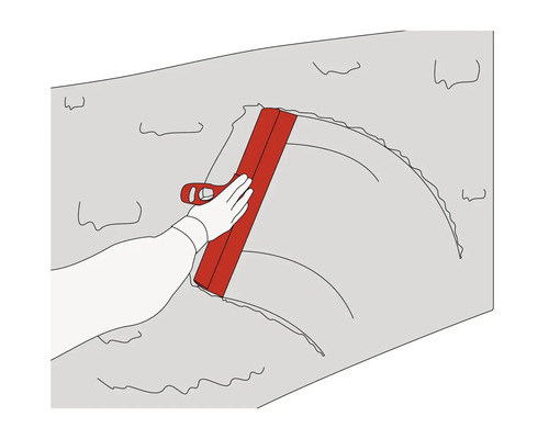 Illustration d'une main utilisant une spatule pour la décoration murale.