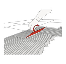 Illustration d'une personne appliquant de la colle à carrelage sur une surface avec une spatule crantée.