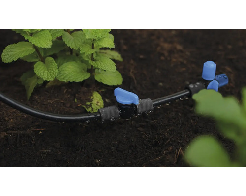 Bewässerungssystem mit Tropfschlauch und Absperrventil im Gartenbeet