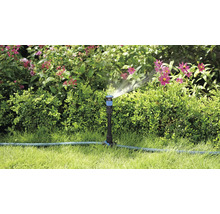 Gartenszene mit Rasensprenger, der Pflanzen bewässert