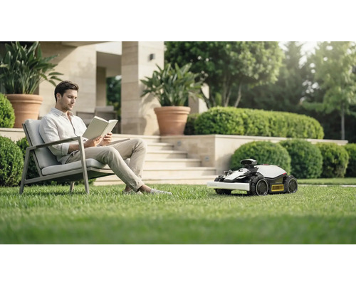 Mann liest Buch im Garten während Rasenmähroboter das Gras mäht