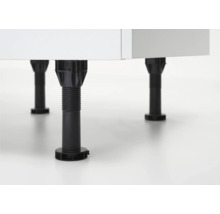 Pieds de meuble réglables en hauteur en plastique noir.