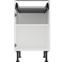 Meuble bas de cuisine ouvert avec un tiroir, une tablette et des pieds réglables.