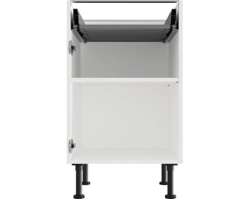 Meuble bas de cuisine ouvert avec un tiroir, une tablette et des pieds réglables.