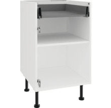 Meuble bas de cuisine avec une étagère et un tiroir intérieur sur des pieds noirs réglables.