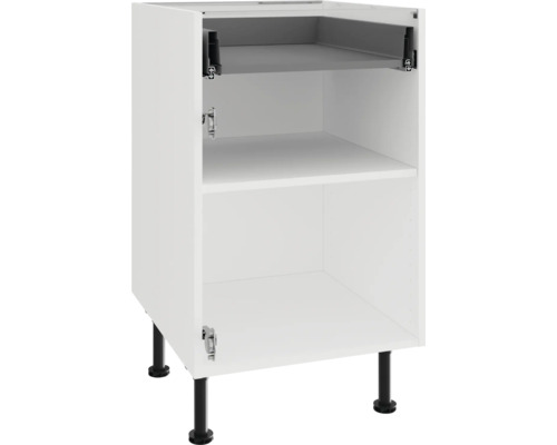 Meuble bas de cuisine avec une étagère et un tiroir intérieur sur des pieds noirs réglables.