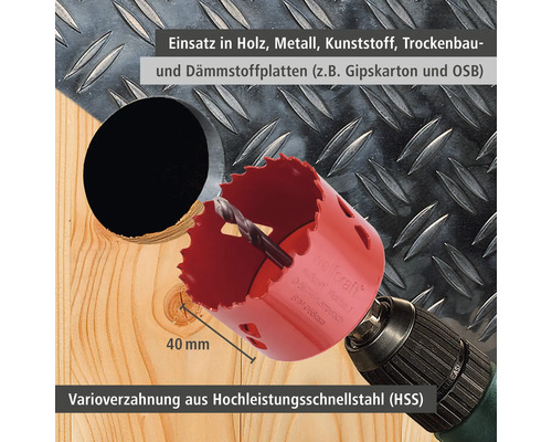 Lochsäge aus Hochleistungsschnellstahl mit 40 Millimeter Durchmesser im Einsatz in Holz.