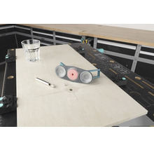 Werkbank mit Schleifwerkzeug, Glas und Metallstift für Holzbearbeitung