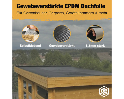 Gewebeverstärkte EPDM Dachfolie auf Gartenhaus, selbstklebend und 1,3 Millimeter stark