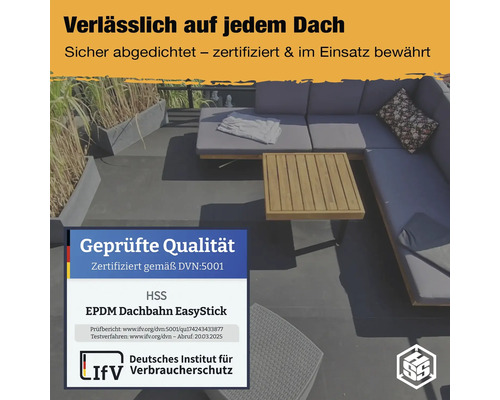 Dachterrasse mit EPDM Dachbahn EasyStick und Qualitätsiegel des Deutschen Instituts für Verbraucherschutz
