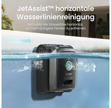 Aiper Logo auf einem automatischen Poolreiniger im Einsatz zur Reinigung der Wasserlinie