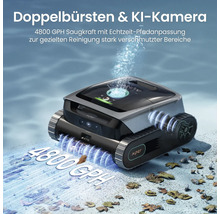 Aiper Logo. Schwimmbadreiniger mit Doppelbürsten und künstlicher Intelligenz Kamera zur Reinigung stark verschmutzter Bereiche.