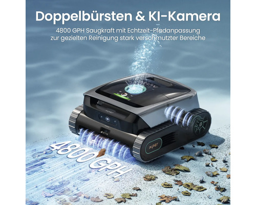 Aiper Logo. Schwimmbadreiniger mit Doppelbürsten und künstlicher Intelligenz Kamera zur Reinigung stark verschmutzter Bereiche.