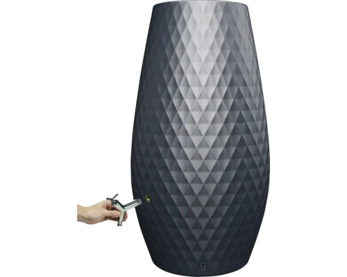 Récupérateur d'eau de pluie moderne anthracite avec motif de diamants et installation d'un robinet chromé.