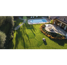 Vue de dessus : robot tondeuse coupant la pelouse dans un jardin avec piscine et terrasse.