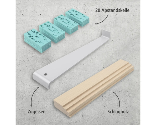 Ensemble d'outils composé de cales d'espacement, tire-lame et bois de frappe