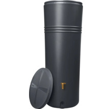 Récupérateur d'eau de pluie cylindrique en anthracite avec couvercle assorti et un robinet de vidange doré en laiton.