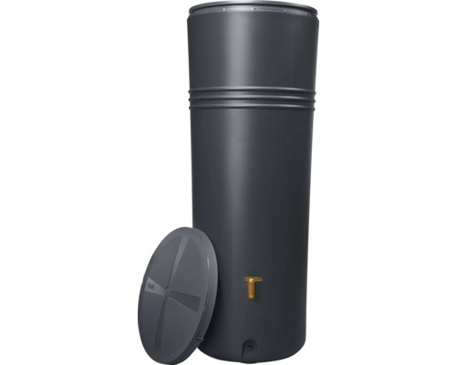 Récupérateur d'eau de pluie cylindrique en anthracite avec couvercle assorti et un robinet de vidange doré en laiton.