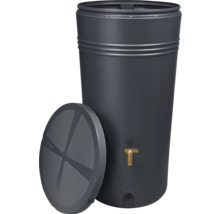 Récupérateur d'eau de pluie cylindrique anthracite 4rain en plastique avec couvercle assorti et robinet de vidange en métal doré.