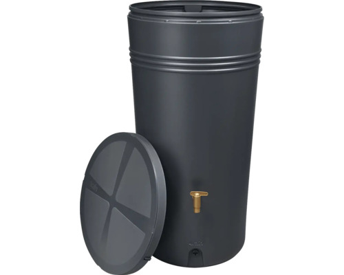 Récupérateur d'eau de pluie cylindrique anthracite 4rain en plastique avec couvercle assorti et robinet de vidange en métal doré.