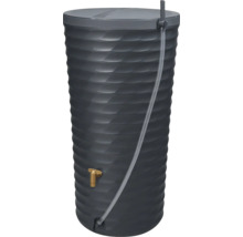 Récupérateur d'eau de pluie anthracite en plastique avec surface facettée, couvercle, robinet en laiton et indicateur de niveau.