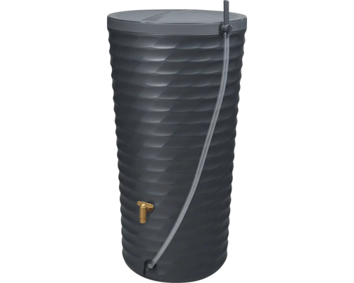 Récupérateur d'eau de pluie anthracite en plastique avec surface facettée, couvercle, robinet en laiton et indicateur de niveau.