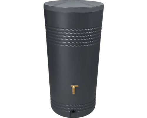 Récupérateur d'eau de pluie anthracite en plastique avec couvercle et robinet en laiton.