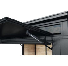 Vue détaillée d'une cabane de jardin avec toit ouvert