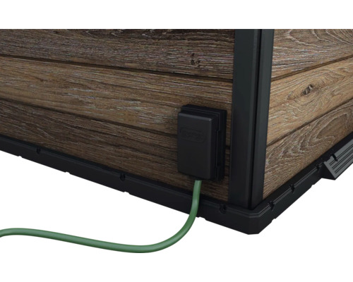 Vue détaillée d'un abri de jardin avec raccordement électrique et paroi en bois