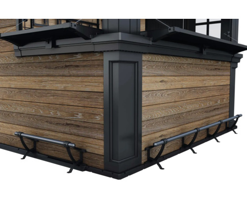 Vue détaillée d'une façade avec bardage en bois et volets