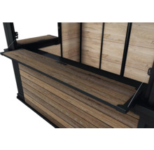 Vue détaillée d'un module de cuisine extérieure avec revêtement en bois et plan de travail rabattable