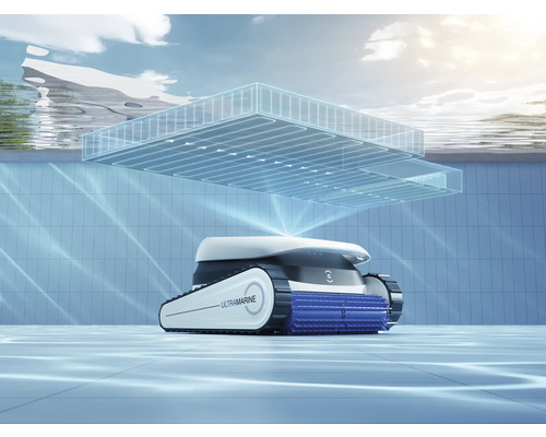 Robot de nettoyage de piscine dans une piscine avec surface de nettoyage visible