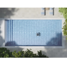 Vue de dessus d'un robot de nettoyage de piscine dans une piscine, montrant une trajectoire de nettoyage