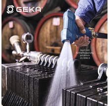 Logo GEKA. Une personne nettoie une surface avec un pistolet pulvérisateur GEKA.