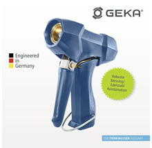 Logo GEKA. Régulateur de jet d'eau en laiton et acier inoxydable. Convient à l'eau potable. Fabriqué en Allemagne.